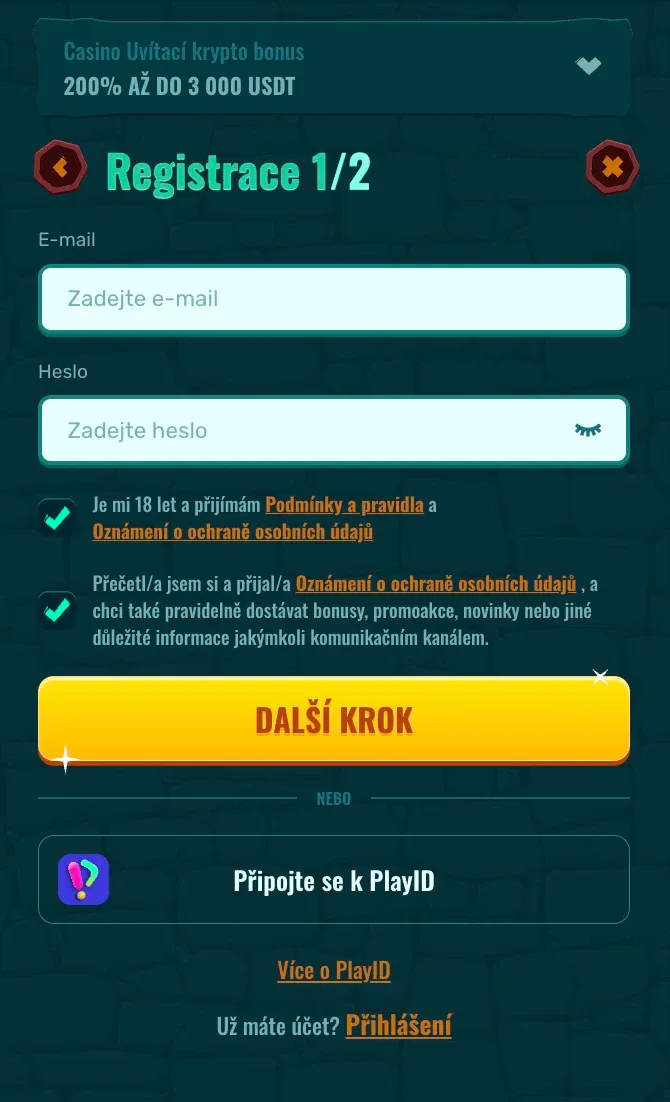 Registrační formulář v Spinanga casino